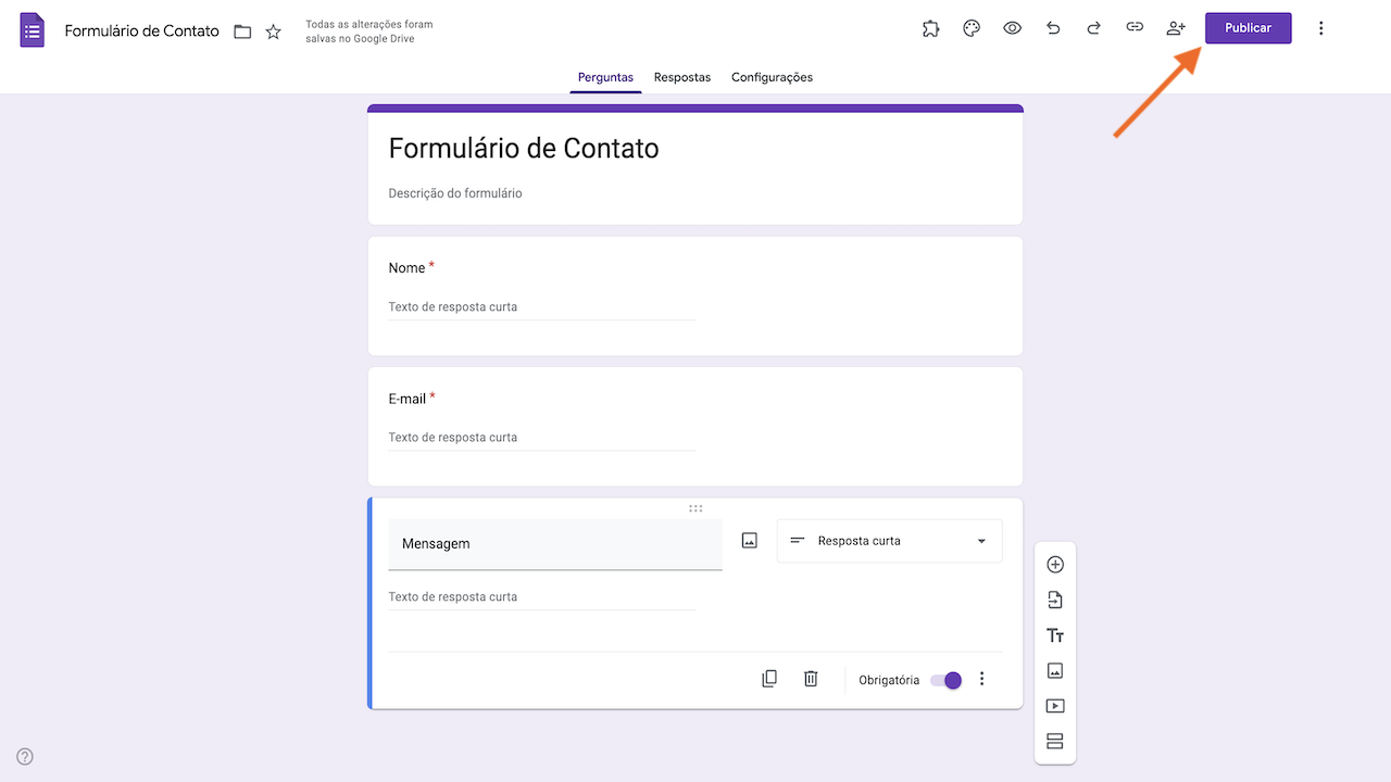 Captura de tela do menu superior de um formulário do Google, incluindo o botão roxo "Publicar" no extremo direito