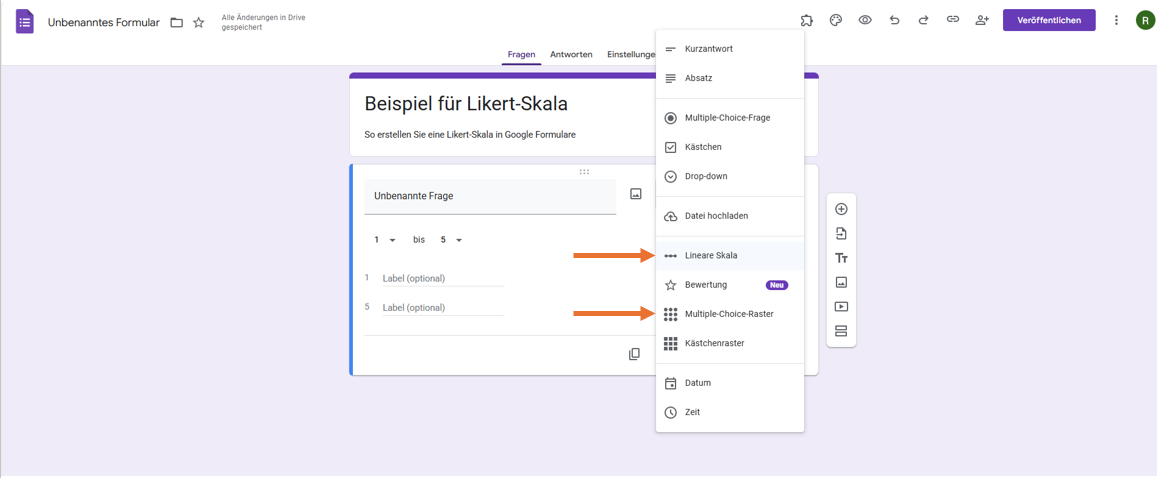 Auswählen der Option Lineare Skala oder Multiple-Choice-Raster in Google Formulare