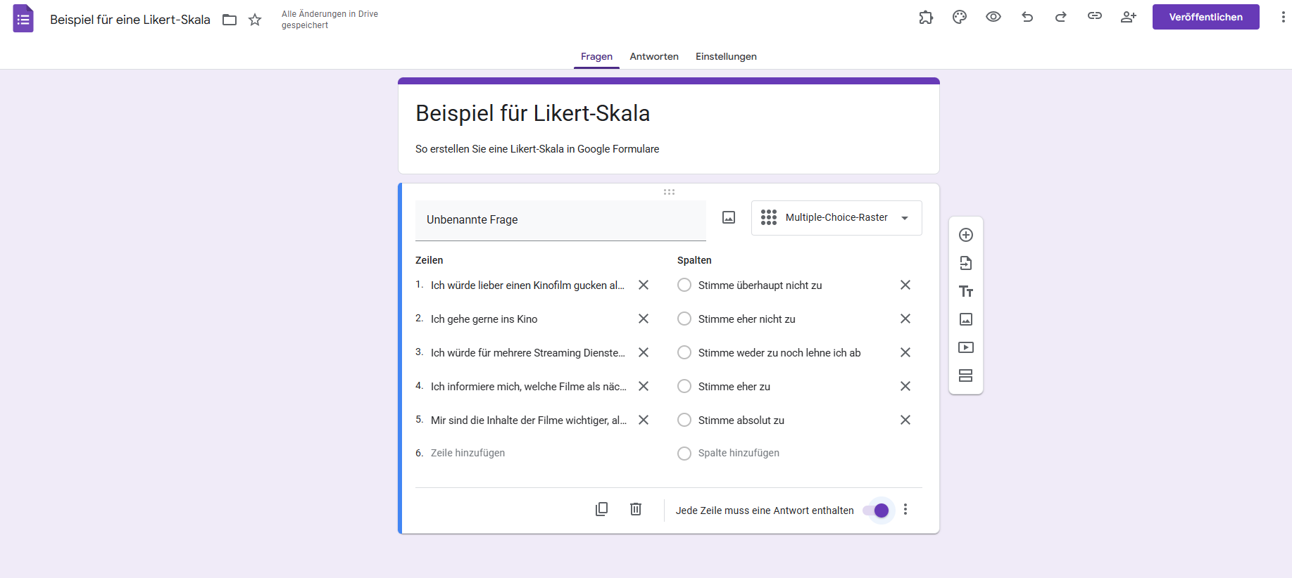 Ein Beispiel für eine Multiple-Choice-Rasterfrage in Google Formulare