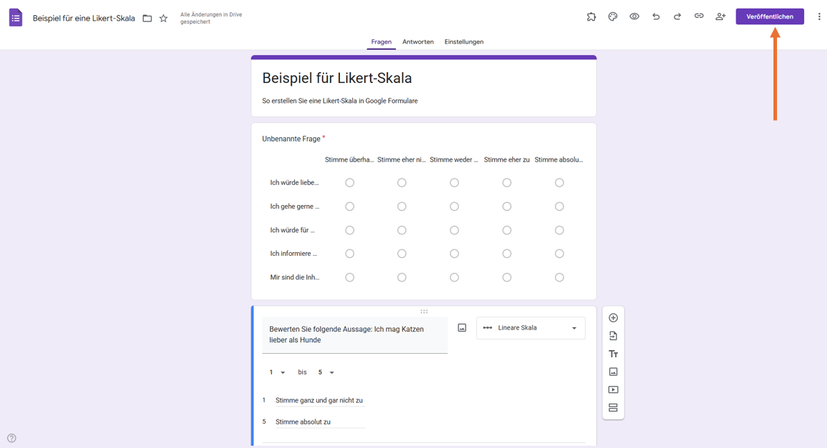 Pfeil, der auf den Button Veröffentlichen in Google Formulare zeigt