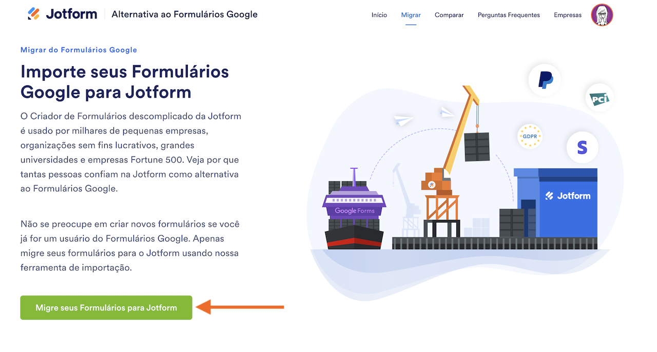 Captura de tela da ferramenta de Migração de formulários do Google da Jotform com uma seta apontando para o botão "Migre seus formulários para a Jotform"