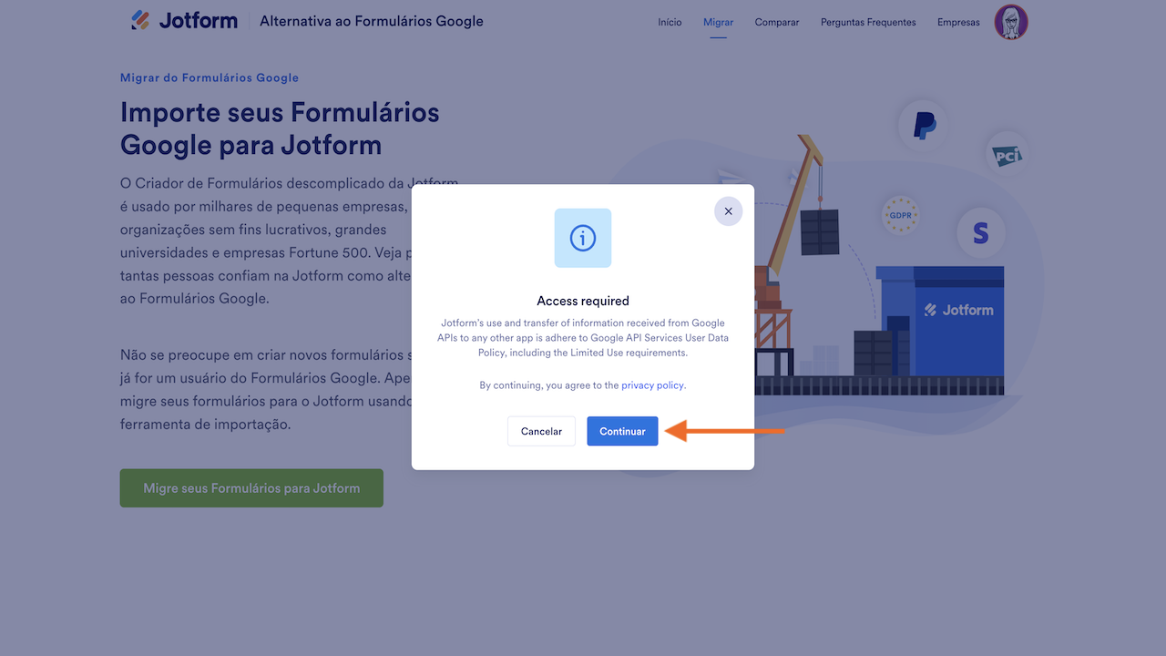Captura de tela da notificação "Acesso necessário" na ferramenta de Migração de formulários do Google da Jotform, com uma seta apontando para o botão "Continuar"