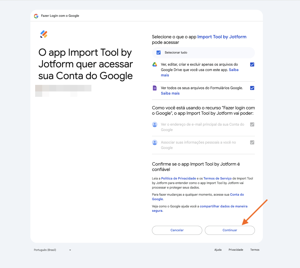 Captura de tela da tela de permissões do Google