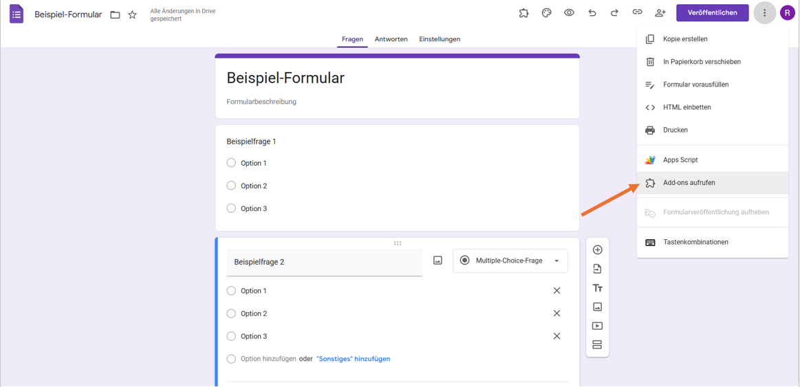 Klicken Sie in Google Formulare auf die Option Add-ons abrufen