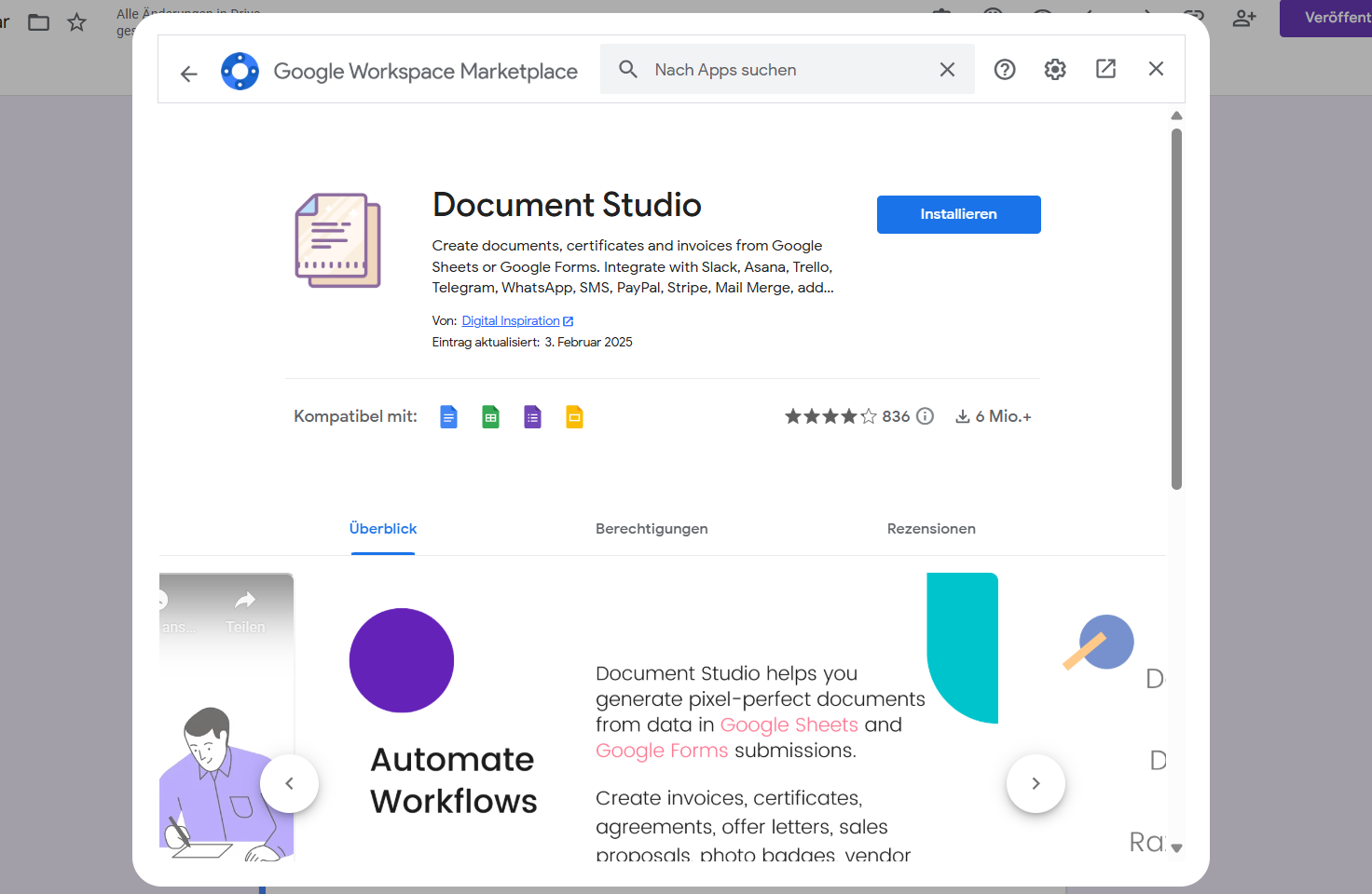 Ein Screenshot der Document Studio Installationsseite