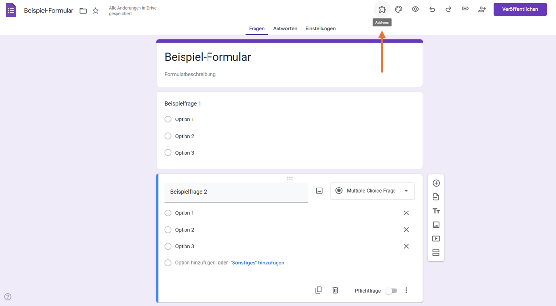 Klicken Sie auf das Puzzleteil-Symbol in Google Formulare