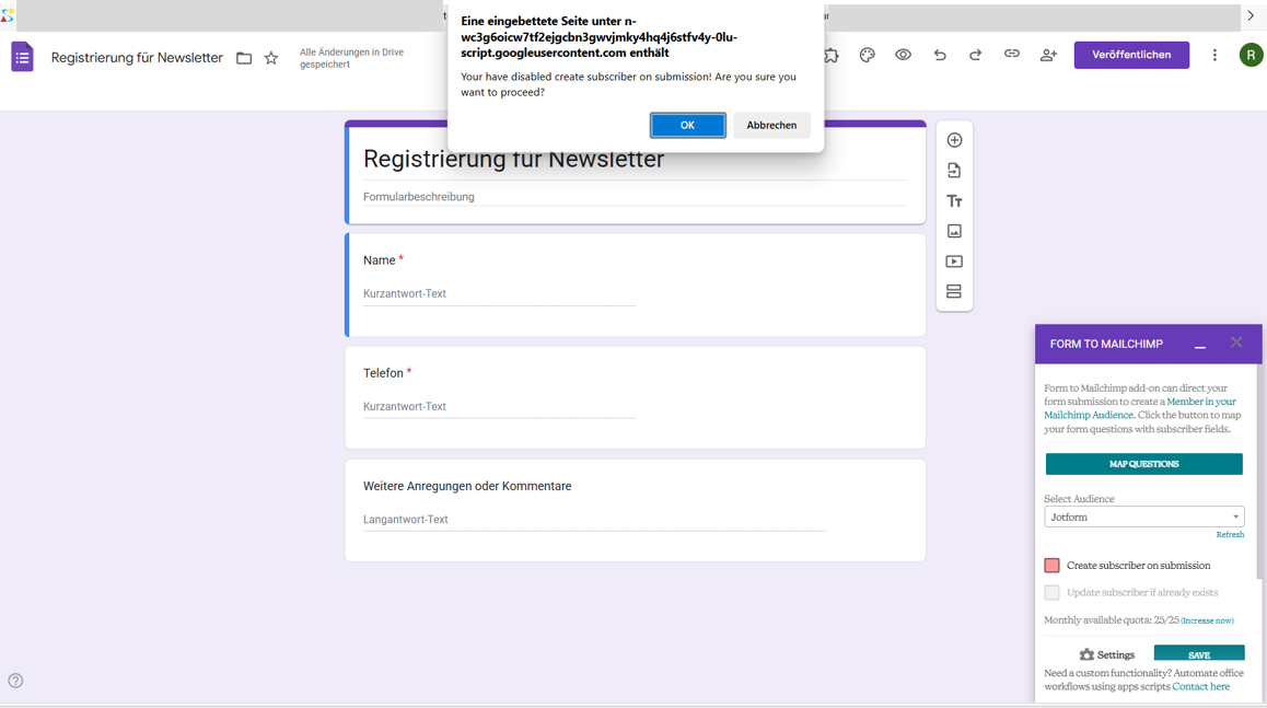 Google Formulare zu Mailchimp Bestätigungs-Popup