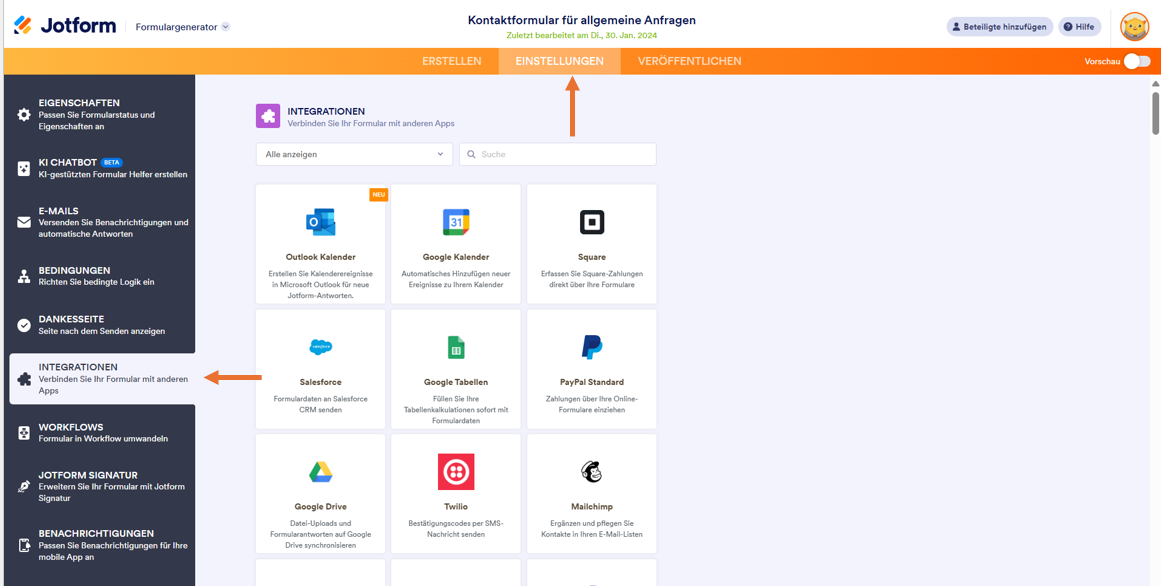 Jotform Formulargenerator "Einstellungen"