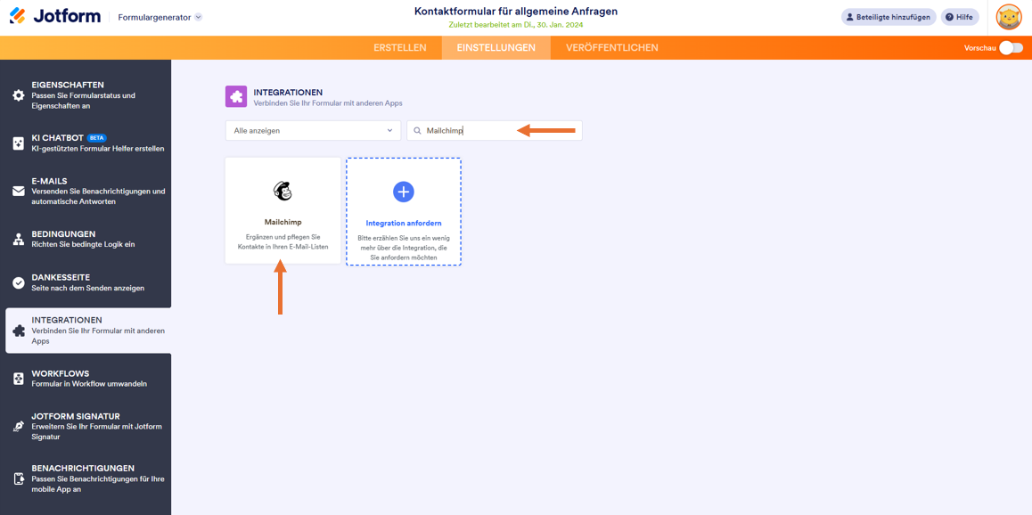 Jotform Formulargenerator "Mailchimp" Integration