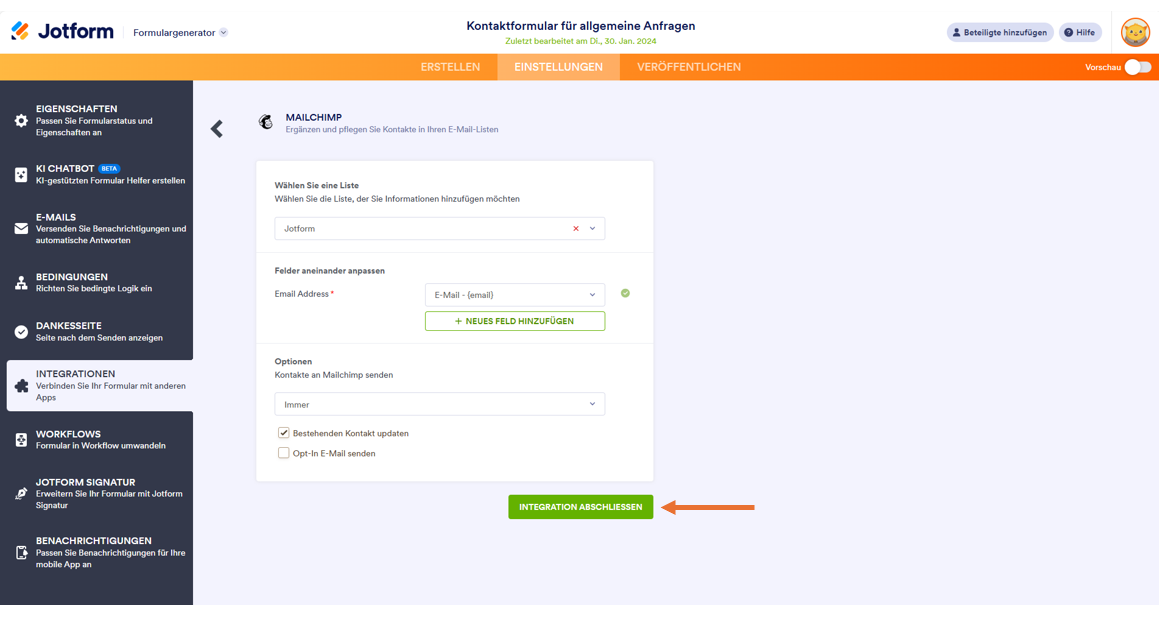 Formulargenerator "Vollständige Integration" Button