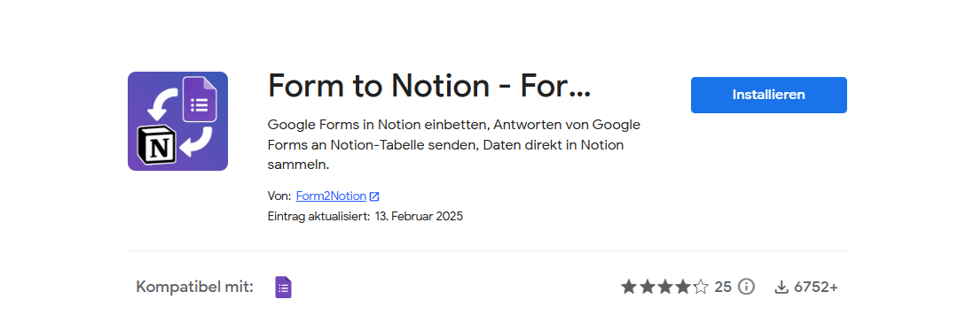 Screenshot des Plug-ins Form to Notion auf dem Google Marketplace