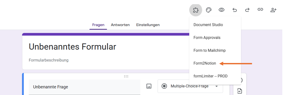 Screenshot mit der Option Form to Notion  auf Google Formulare