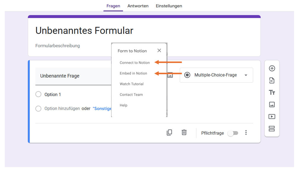 Screenshot eines Google Formulars mit der Option „Form to Notion" und Unterkategorien