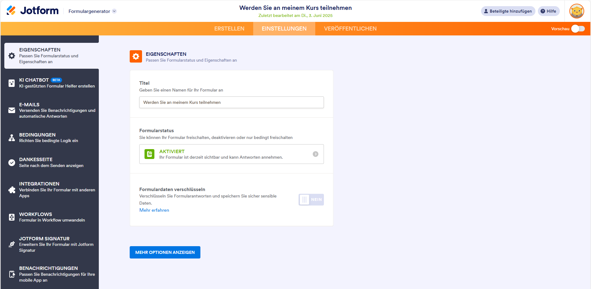 Screenshot der Einstellungsseite des Jotform Formulargenerators