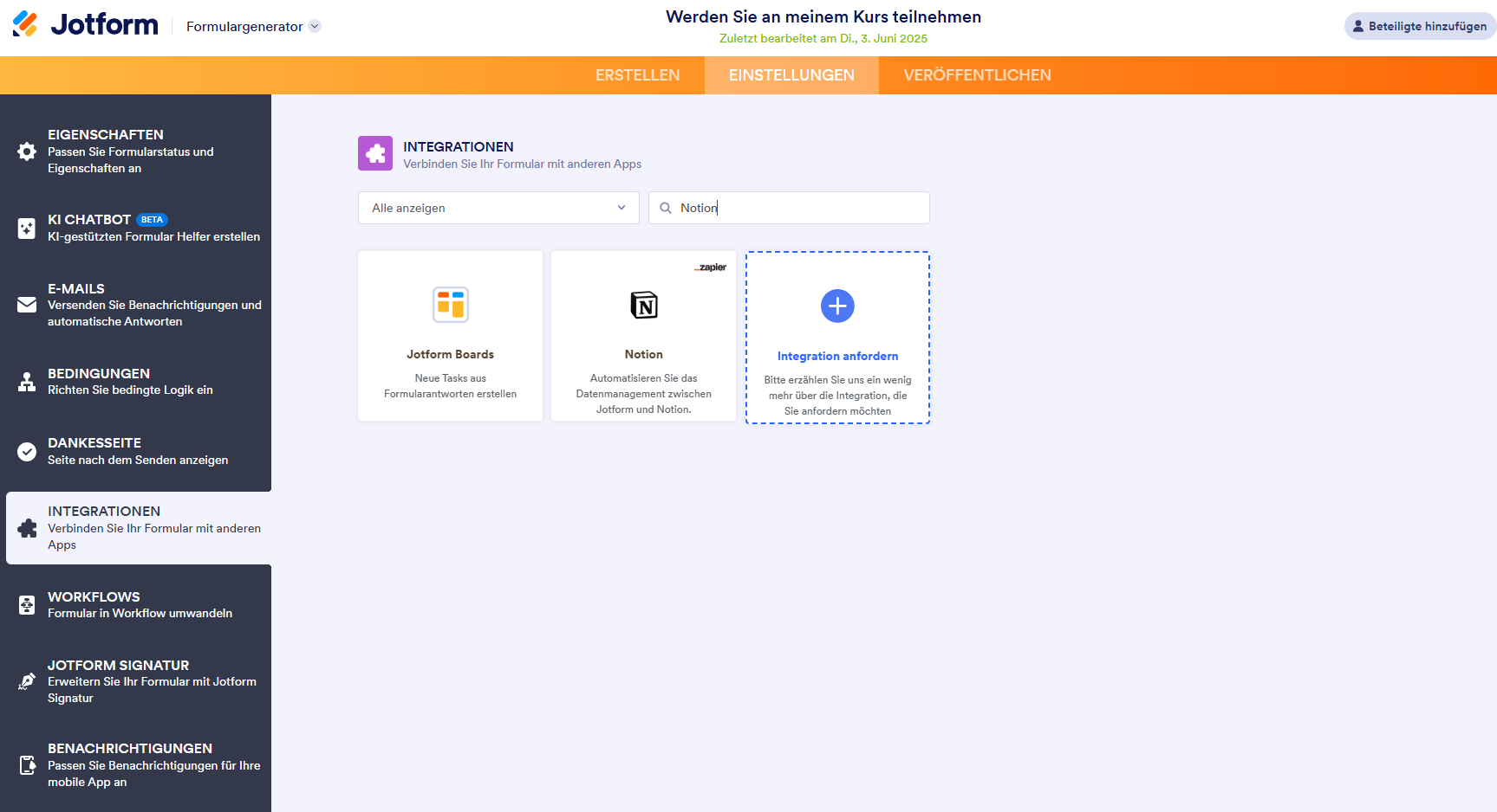 Screenshot der Seite für die Integration von Jotform Formulargenerator