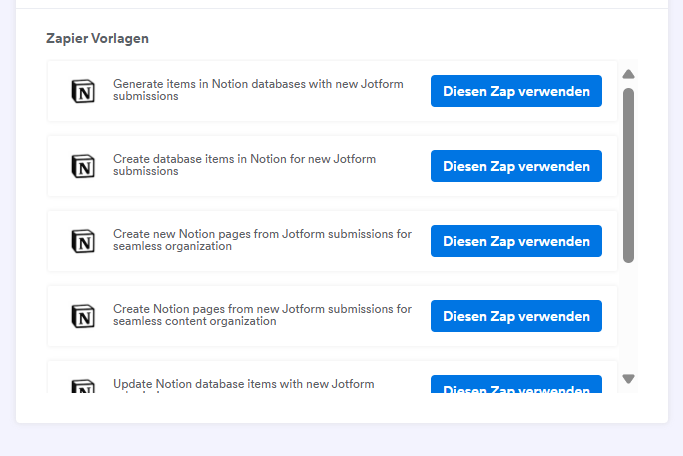 Screenshot einer Reihe von Zapier-Vorlagen, die in Notion verwendet werden können