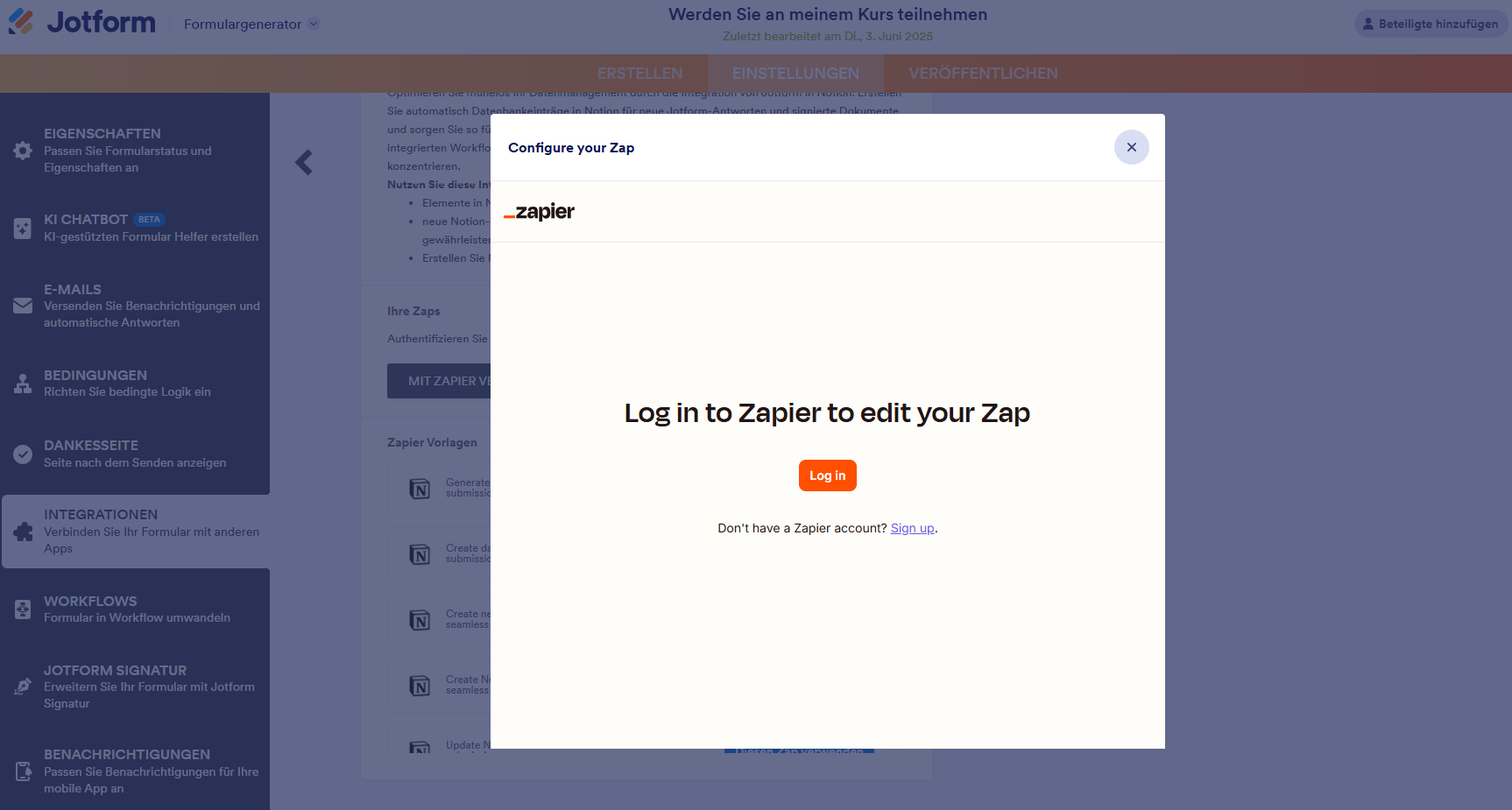 Screenshot eines Zapier-Anmelde-Pop-ups
