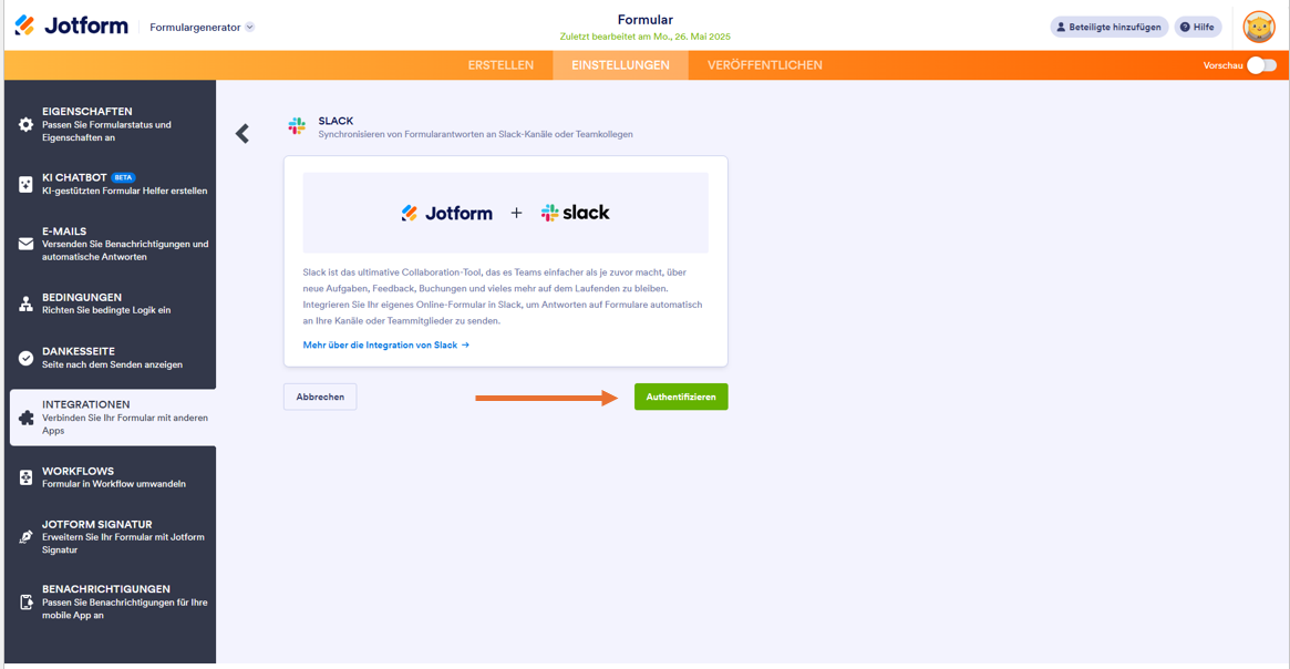 Screenshot der Slack-Integration in Jotform, mit einem Pfeil, der auf den Button "Authentifizieren" zeigt