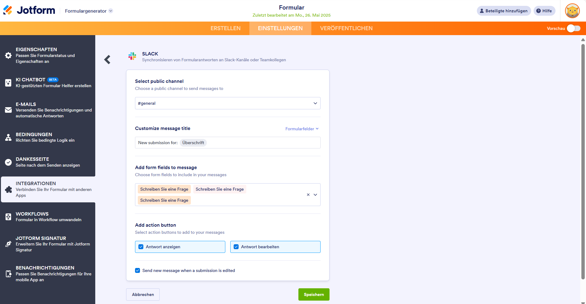 Screenshot der Aktionseinstellungen der Jotform Slack-Integration für die Option öffentlicher Kanal