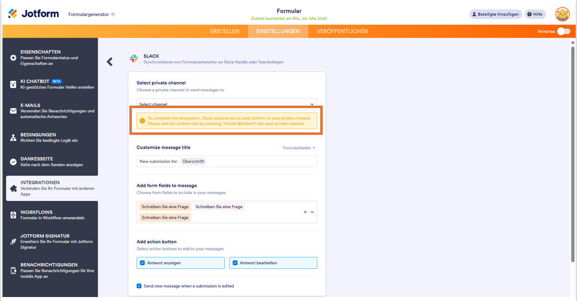 Screenshot der Aktionseinstellungen der Jotform Slack-Integration für die Option „Privater Kanal“, wobei die Einladungsbenachrichtigung hervorgehoben ist