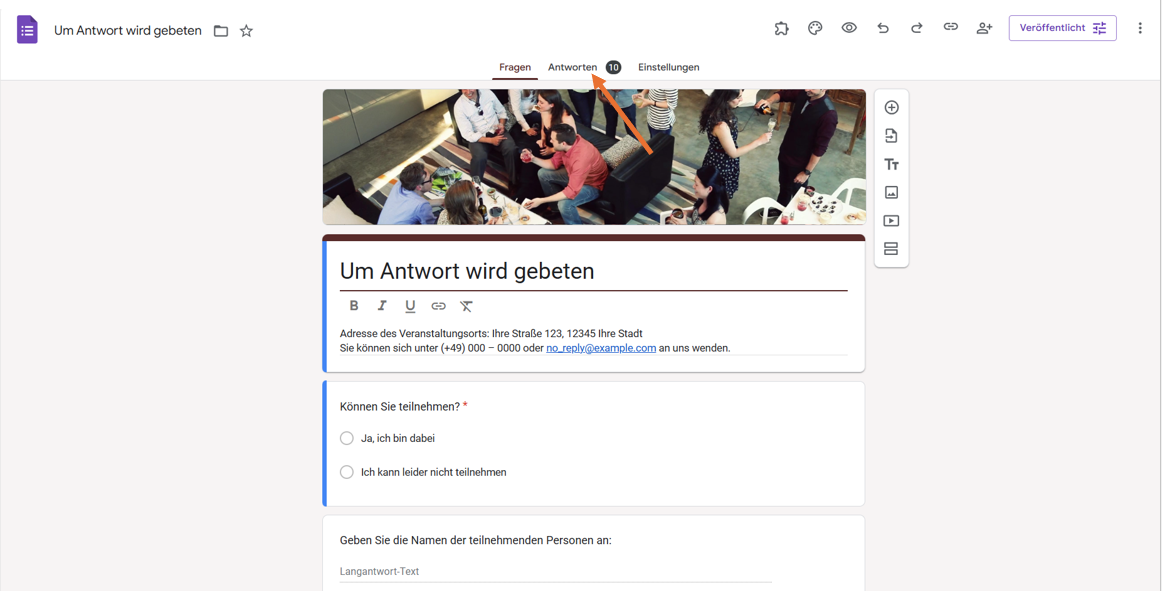 Auf die Registerkarte Antworten oben im Formular-Editor von Google Formulare klicken