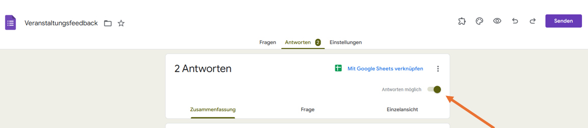 Umschalten des Buttons Antworten annehmen in Google Formulare auf aus