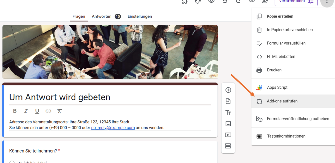 Auf die Option Add-ons abrufen aus dem Dropdown-Menü in Google Formulare klicken