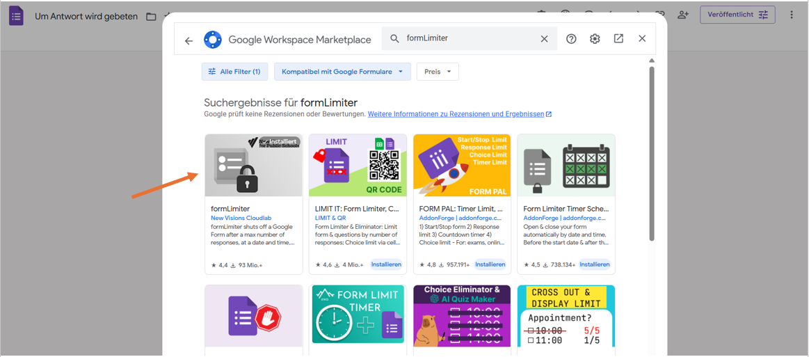 Auswahl von formLimiter auf dem Google Workspace Marketplace
