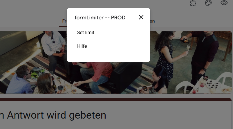 In Google Formulare auf die Option Limit festlegen im Popup-Menü formLimiter klicken