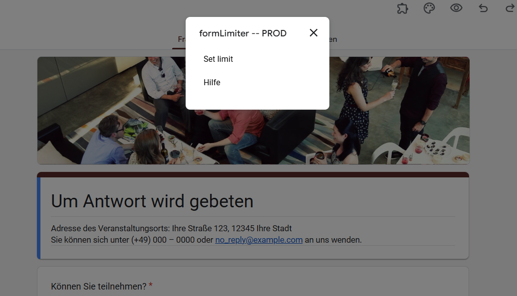 Klicken Sie auf die Option Limit setzen im Fenster formLimiter