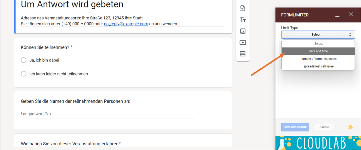 Auswahl der Option Datum und Uhrzeit unter dem Begrenzungstyp im Fenster Formlimiter