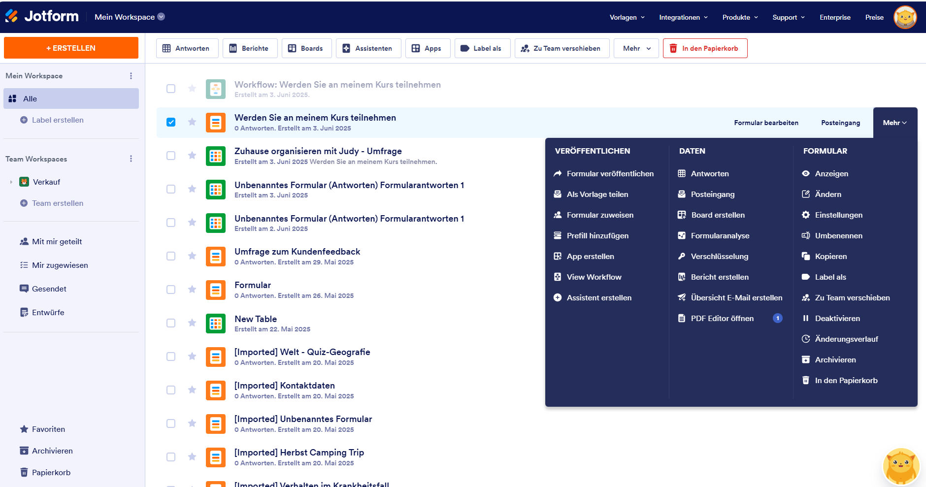 Auf den Button Mehr klicken, um das Dropdown-Menü im Jotform Formulargenerator anzuzeigen
