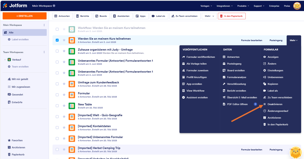 Auswahl der Option Deaktivieren aus dem Dropdown-Menü im Jotform Formulargenerator