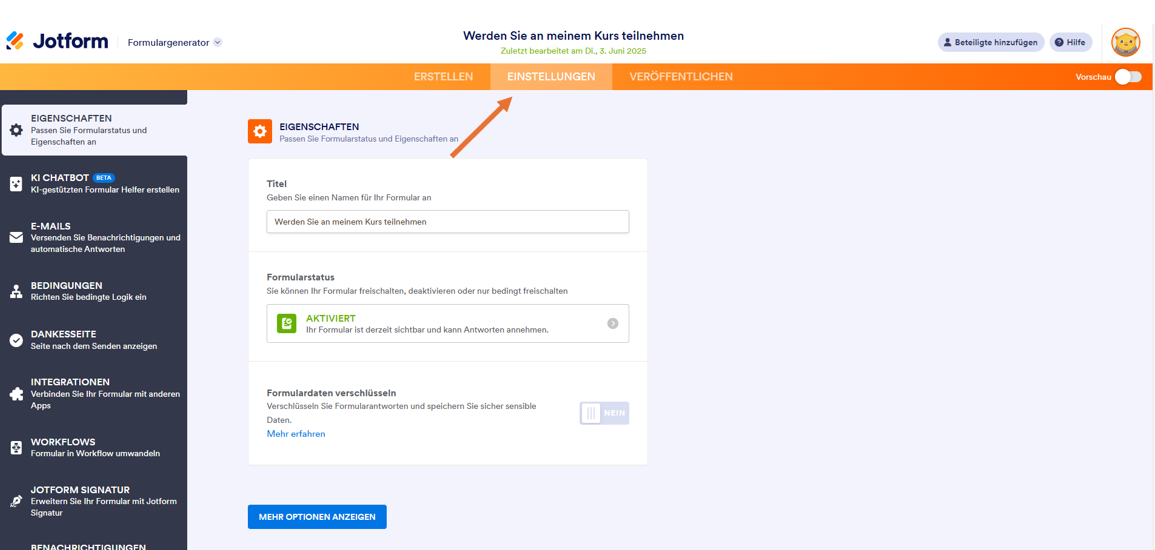 Auf die Registerkarte Einstellungen im Jotform Formulargenerator klicken