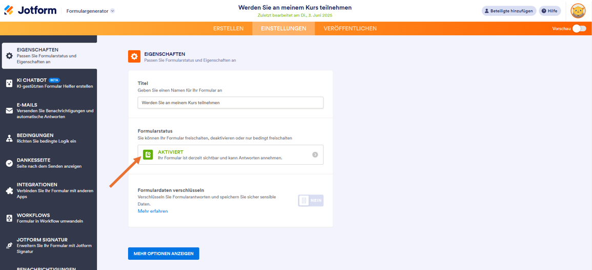 Hervorhebung des Feldes Formularstatus unter den Formulareinstellungen