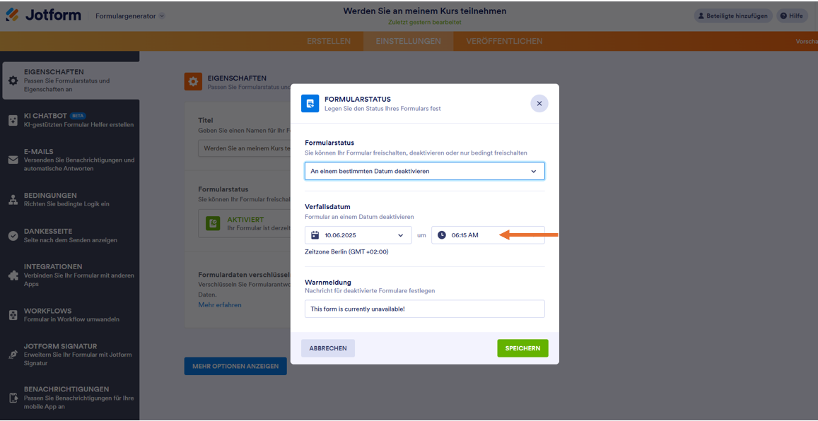 Einstellen einer Verfallszeit im Jotform Formulargenerator