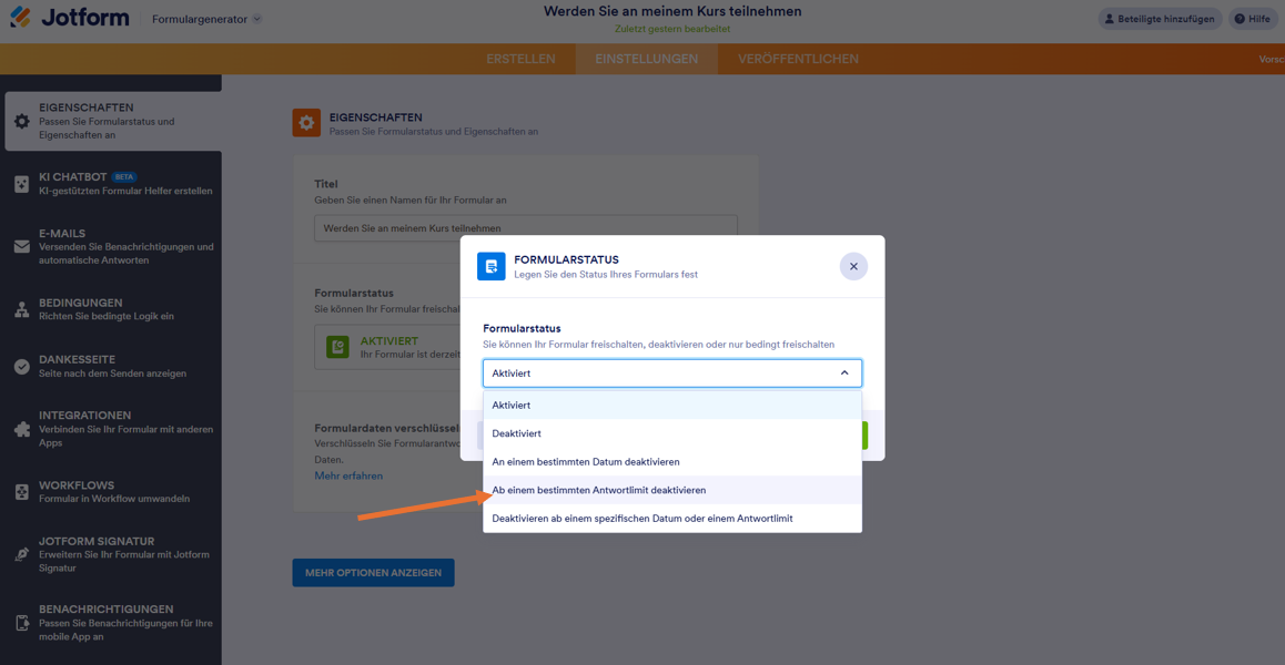 Deaktivieren des Limits für die Übermittlung in den Formulareinstellungen des Jotform Formulargenerators