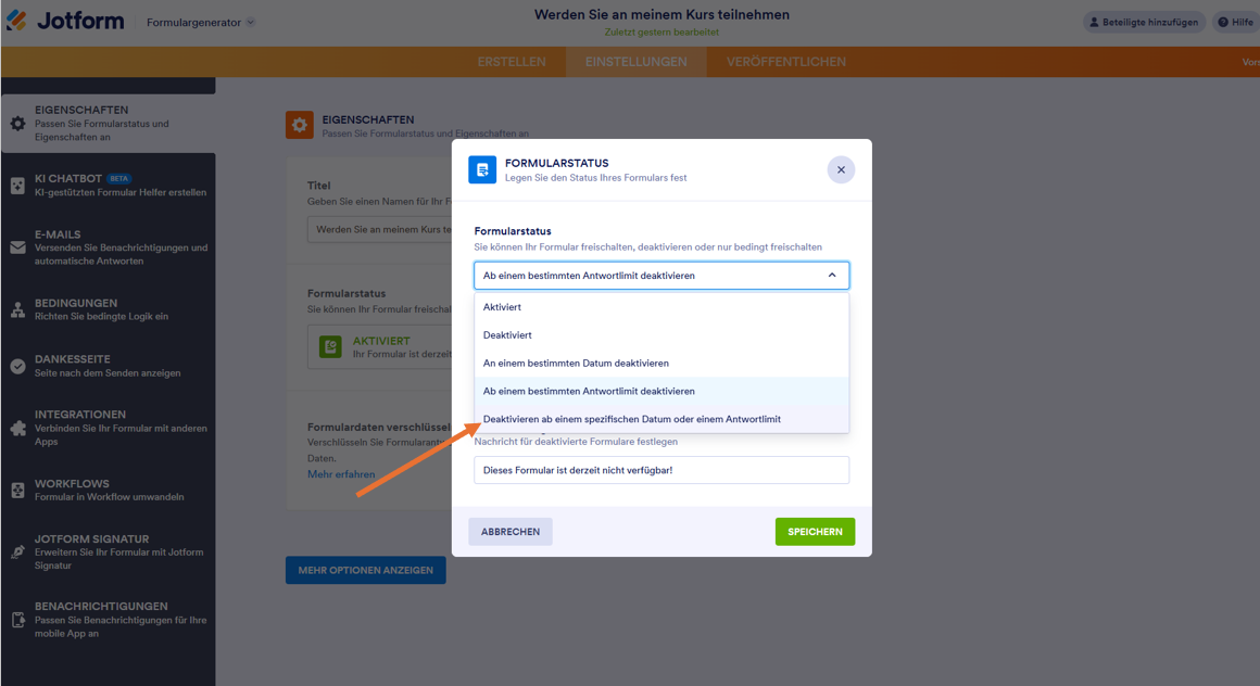 Deaktivieren bei Datum und Einsendung in den Formulareinstellungen im Jotform Formulargenerator