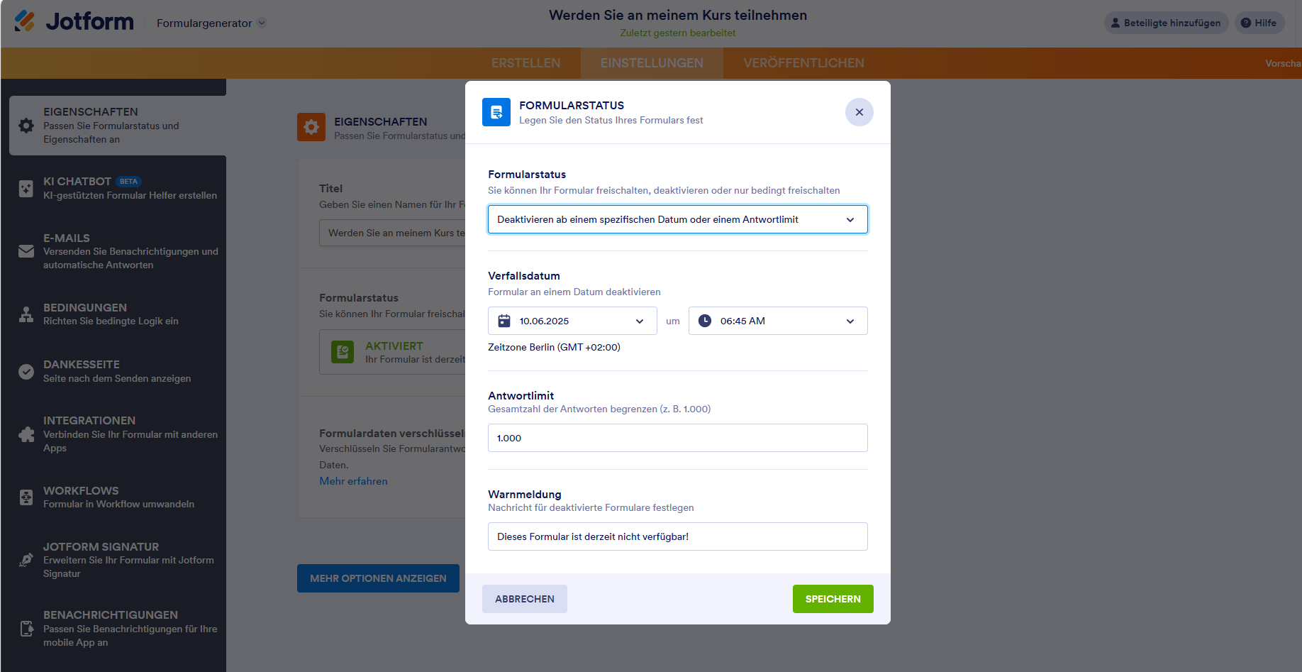 Festlegen eines Verfallsdatums im Kalender-Widget im Jotform Formulargenerator