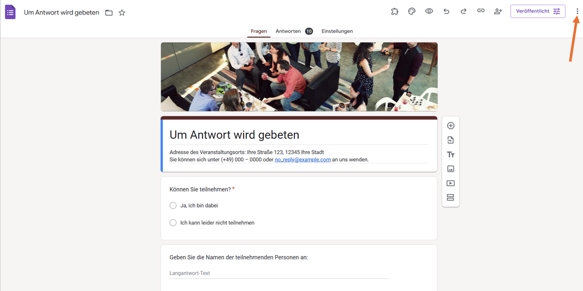 Screenshot einer Website mit einer Menüschaltfläche, die durch drei vertikal gestapelte Punkte in der oberen rechten Ecke dargestellt wird