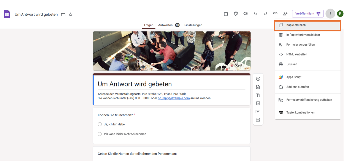 Screenshot eines Computerbildschirms mit einem geöffneten Dropdown-Menü, in dem die Option „Kopie erstellen“ hervorgehoben ist