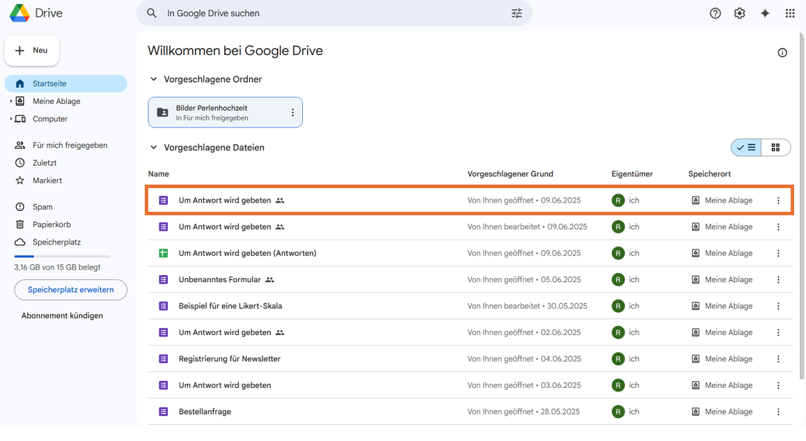Screenshot einer Google Drive-Oberfläche mit einer Liste von Dateien und Ordnern