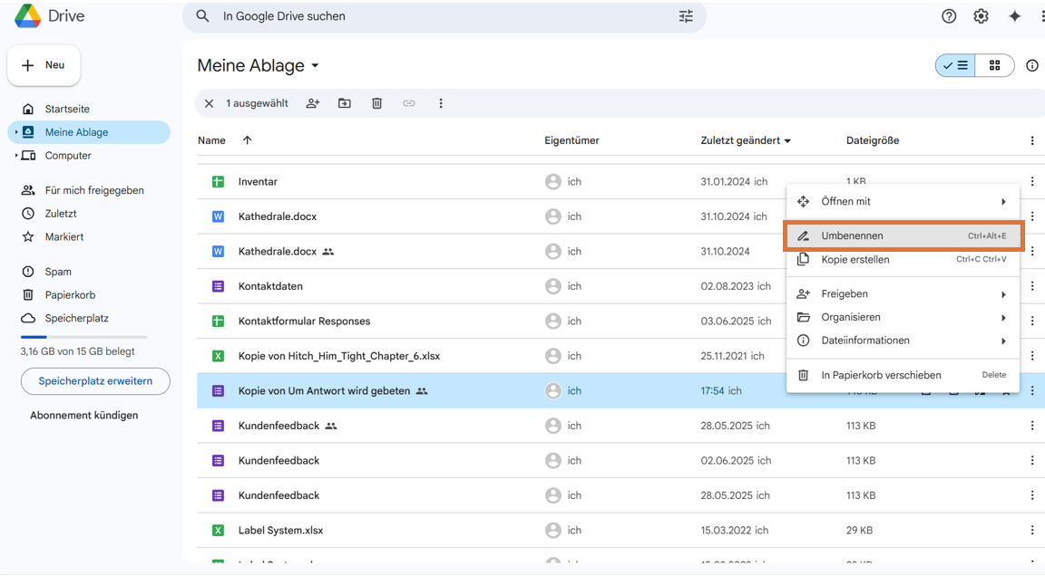 Screenshot einer Google Drive-Oberfläche mit geöffnetem Kontextmenü
