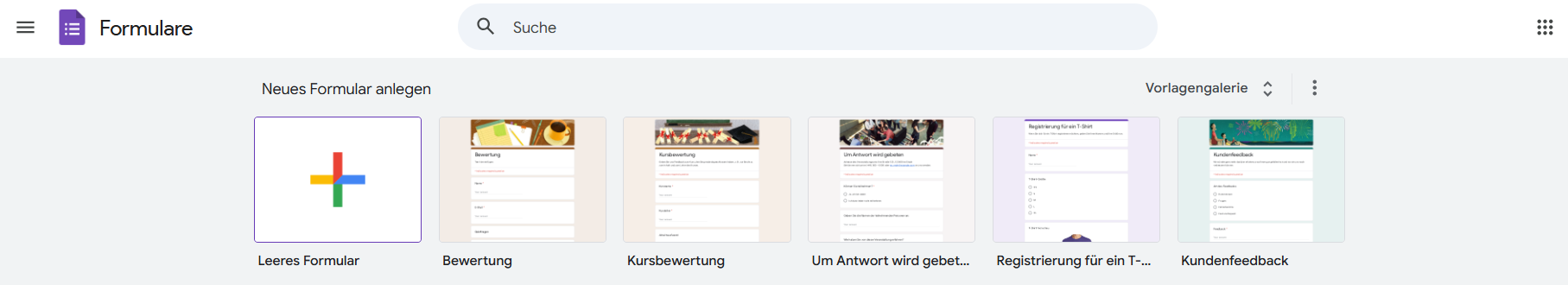 Screenshot des Menüs „Neues Formular starten“ von Google Formulare mit der Vorlagengalerie und den Optionen für leere neue Formulare