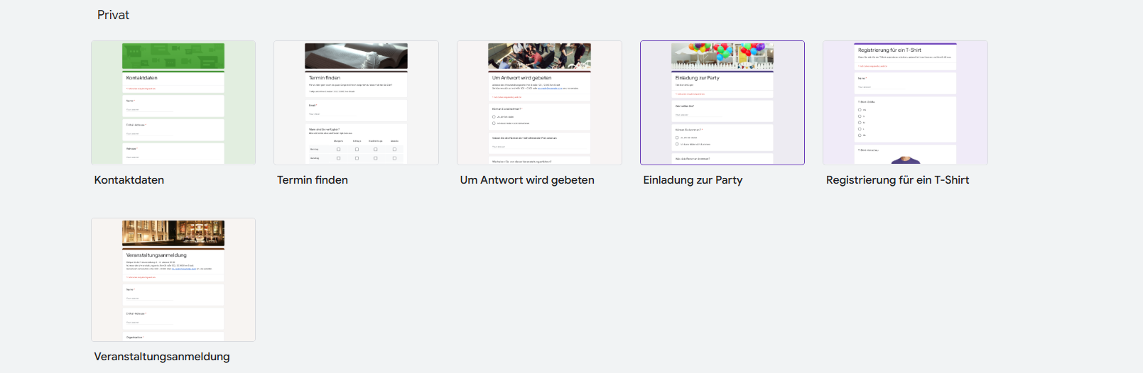 Screenshot der Google Formulare Vorlagengalerie mit verschiedenen Vorlagenoptionen, darunter die Vorlage Veranstaltungsanmeldung