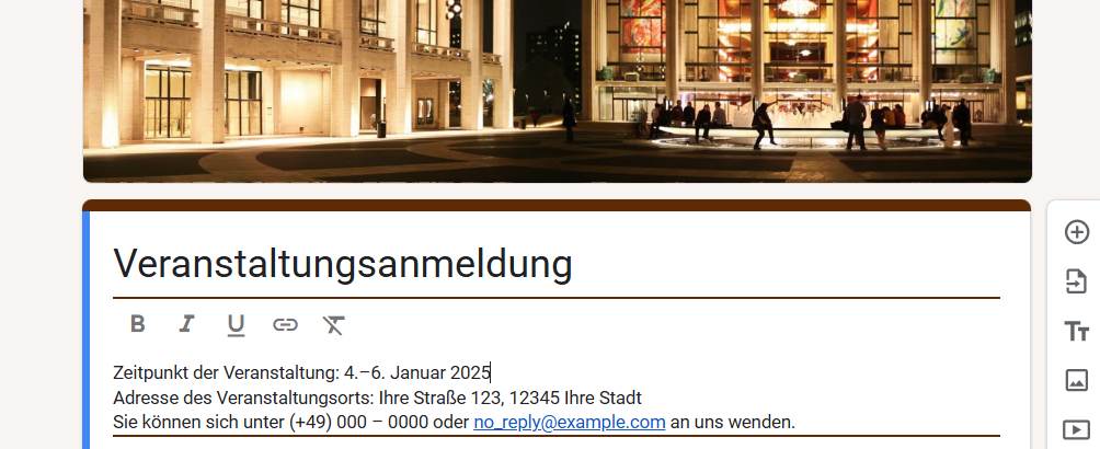 Screenshot eines Google-Formulars zur Veranstaltungsanmeldung mit dem Titel „Veranstaltungsanmeldung“ und einer Platzhalterbeschreibung der Veranstaltung