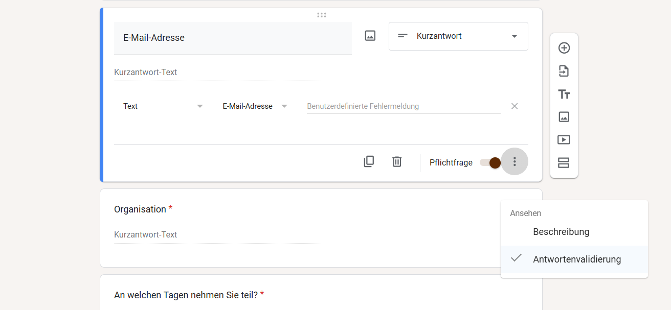 Screenshot des Antwortfelds „E-Mail“ in einem Google-Formular mit geöffneten Menüoptionen in der rechten unteren Ecke