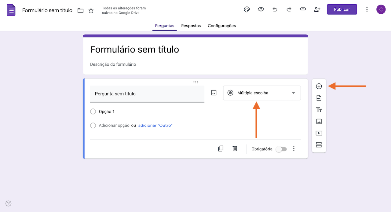 Captura de tela do Formulários Google selecionando a pergunta de Múltipla escolha