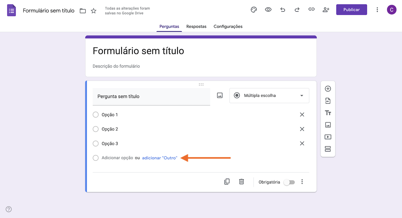 Captura de tela do Formulários Google clicando em Adicionar "Outro"