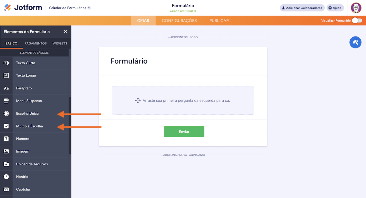Captura de tela do Criador de Formulários mostrando as perguntas de Múltipla Escolha e Escolha Única